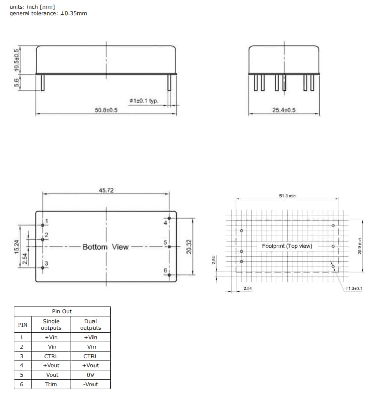 机械图纸 - CUI Inc PRC40/60直流-直流转换器